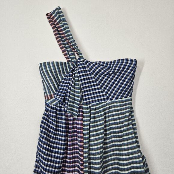 Anthro Maeve Waverly Midi Plaid One Shoulder Dress sz 2 Blue Multi Hanky Hem - Picture 3 of 15